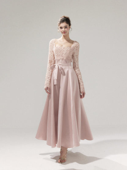 YZZI HE Pink Lace Cinched Waist Square Neck Women&