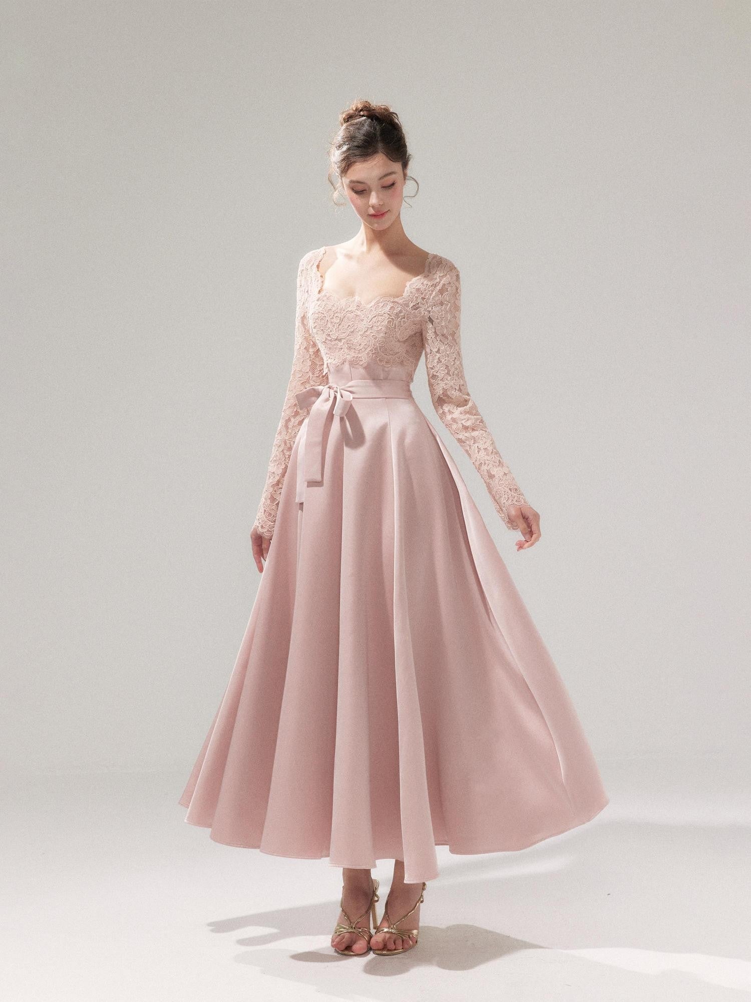 YZZI HE Pink Lace Cinched Waist Square Neck Women&