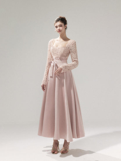 YZZI HE Pink Lace Cinched Waist Square Neck Women&