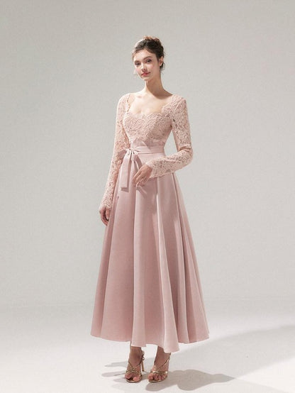 YZZI HE Pink Lace Cinched Waist Square Neck Women&