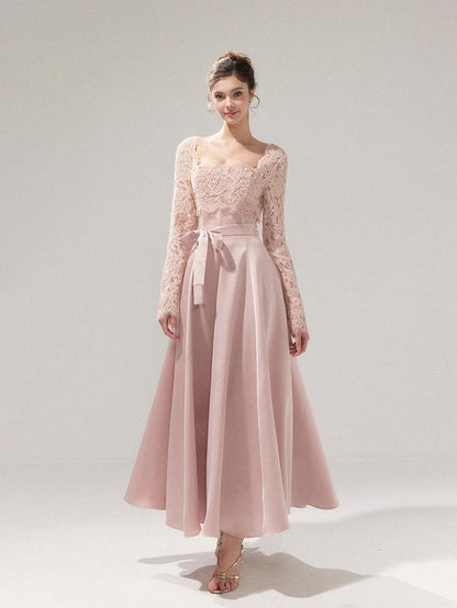 YZZI HE Pink Lace Cinched Waist Square Neck Women&