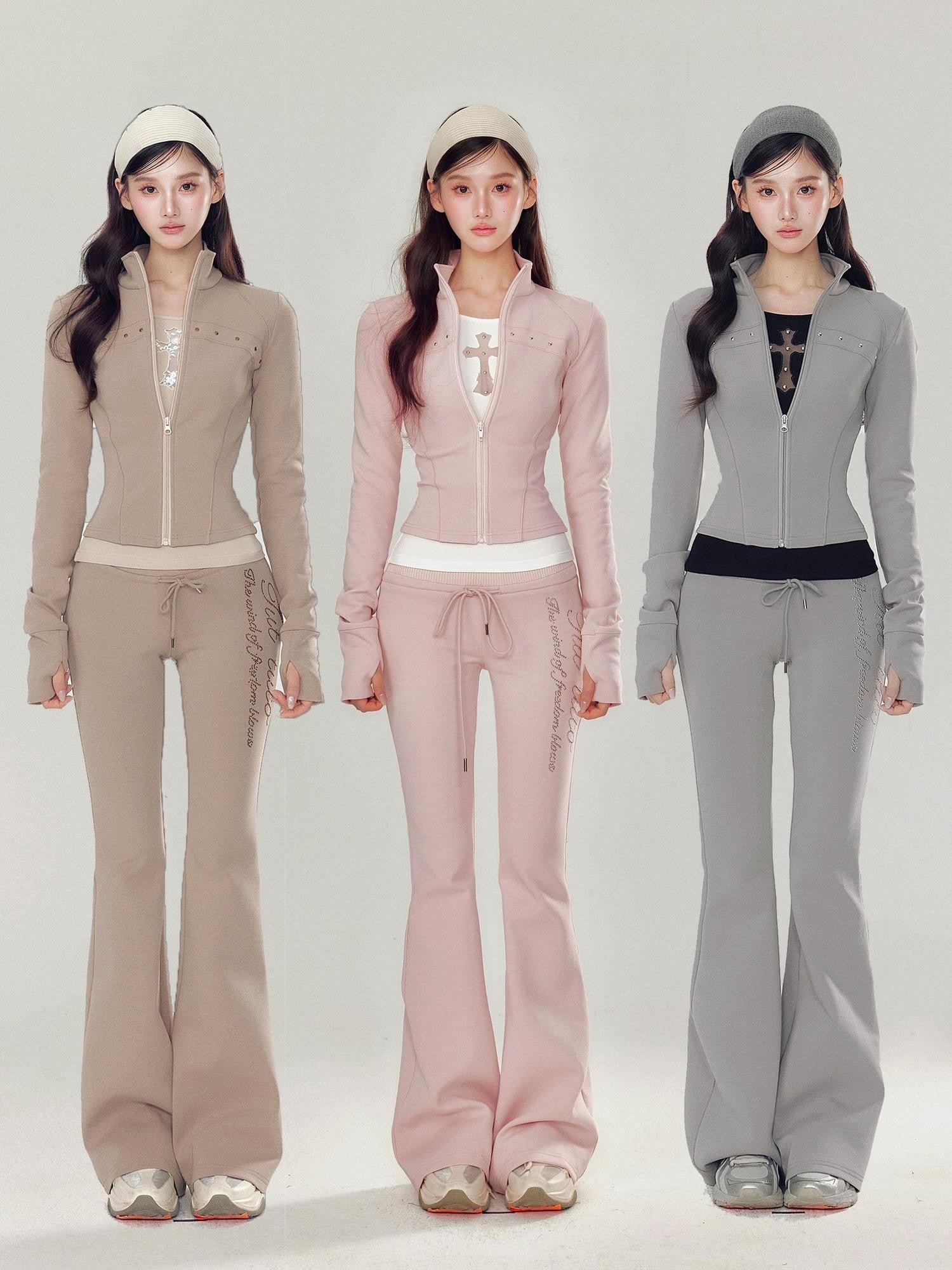 YZZI HE Pink Stand Collar Slim Fit Yoga Zipper Long Sleeve Women&