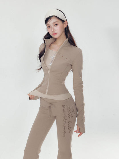 YZZI HE Pink Stand Collar Slim Fit Yoga Zipper Long Sleeve Women&