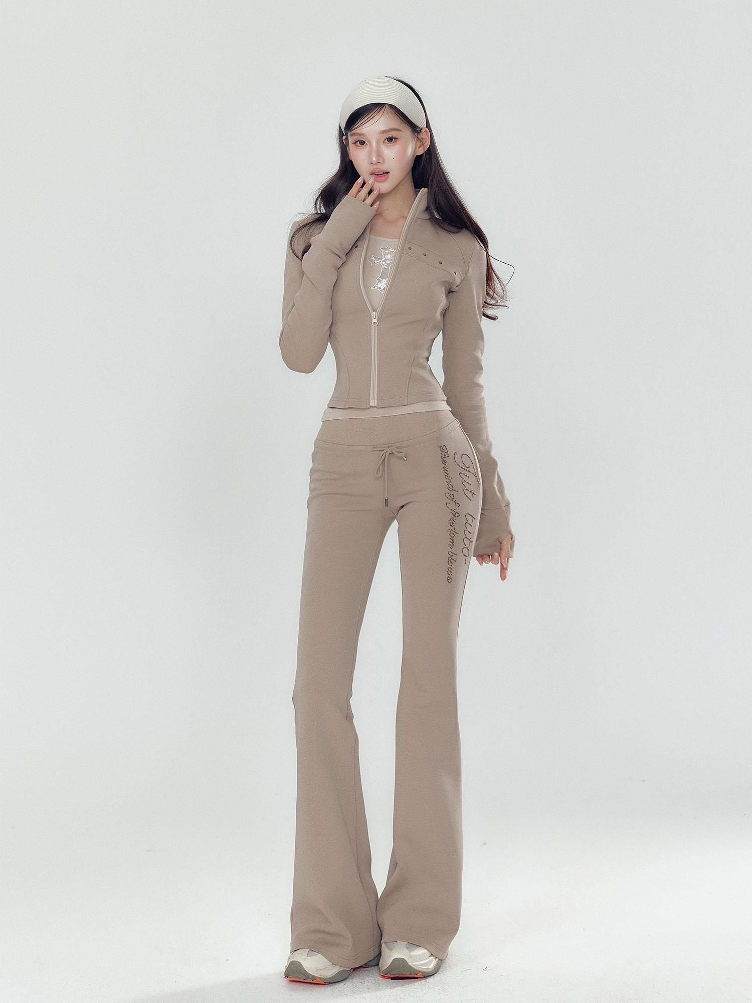 YZZI HE Pink Stand Collar Slim Fit Yoga Zipper Long Sleeve Women&