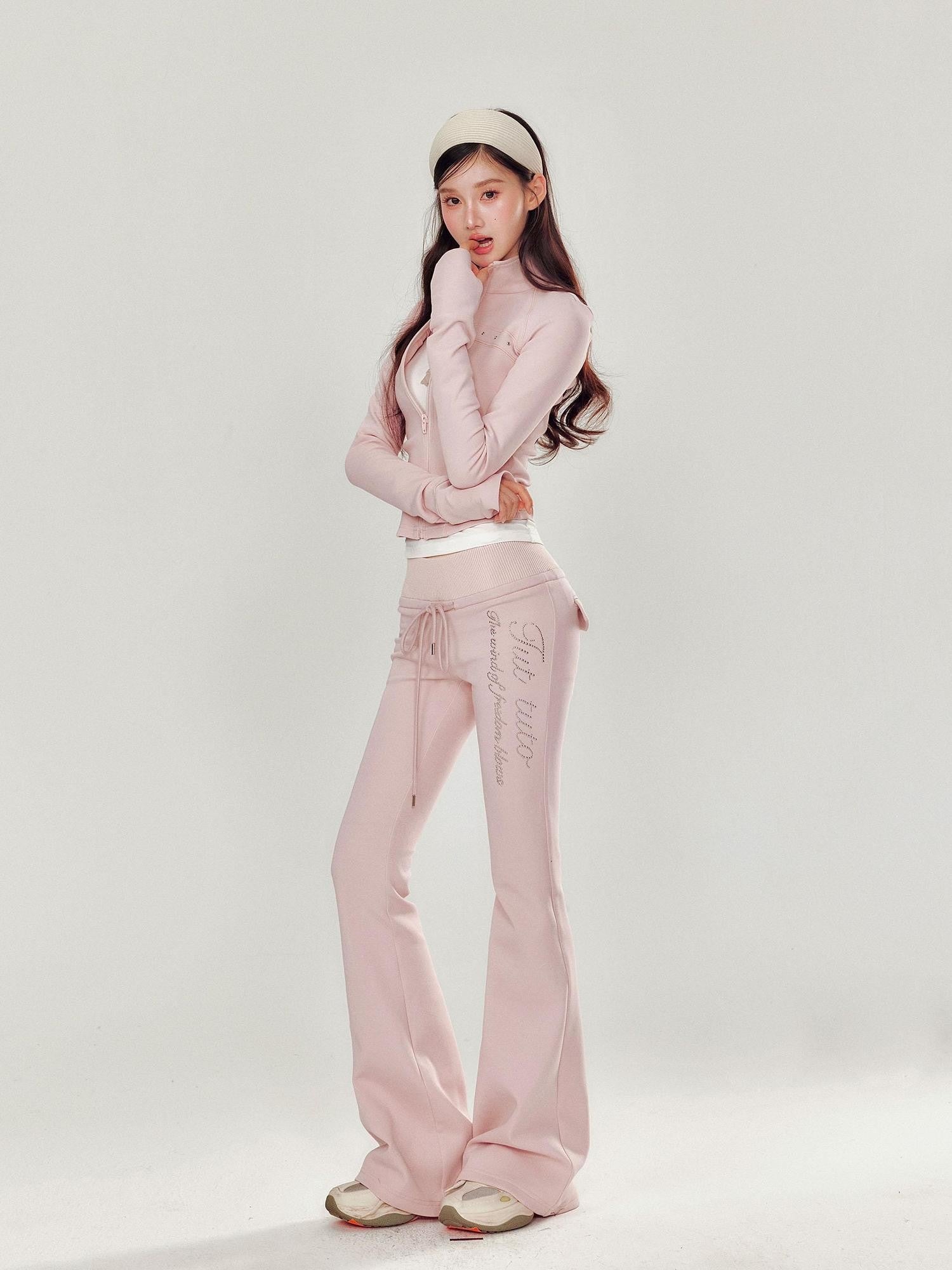 YZZI HE Pink Stand Collar Slim Fit Yoga Zipper Long Sleeve Women&
