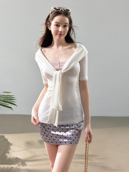 YZZI HE Pink White Blue Polka Dot Satin Women&