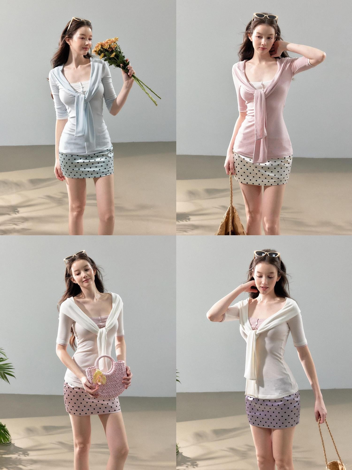 YZZI HE Pink White Blue Polka Dot Satin Women&