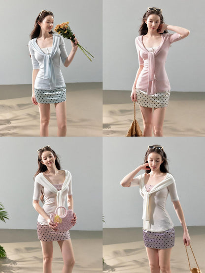 YZZI HE Pink White Blue Polka Dot Satin Women&