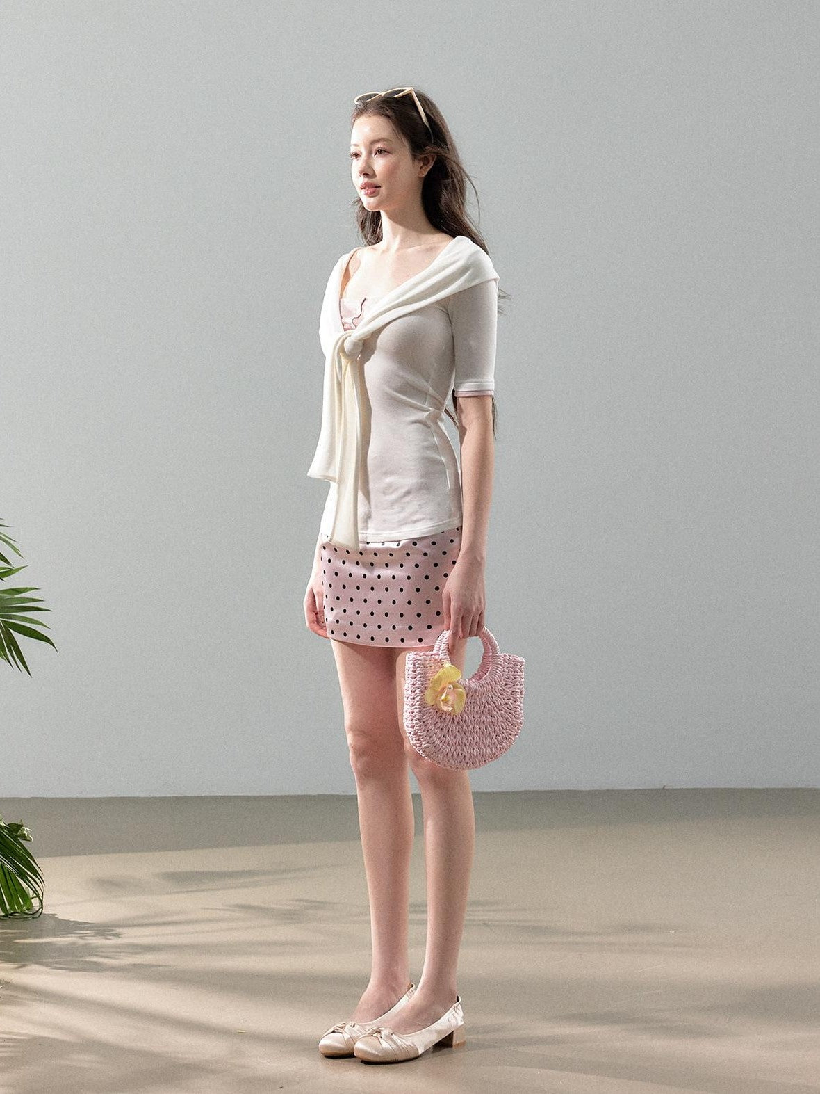 YZZI HE Pink White Blue Polka Dot Satin Women&