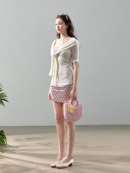 YZZI HE Pink White Blue Polka Dot Satin Women&