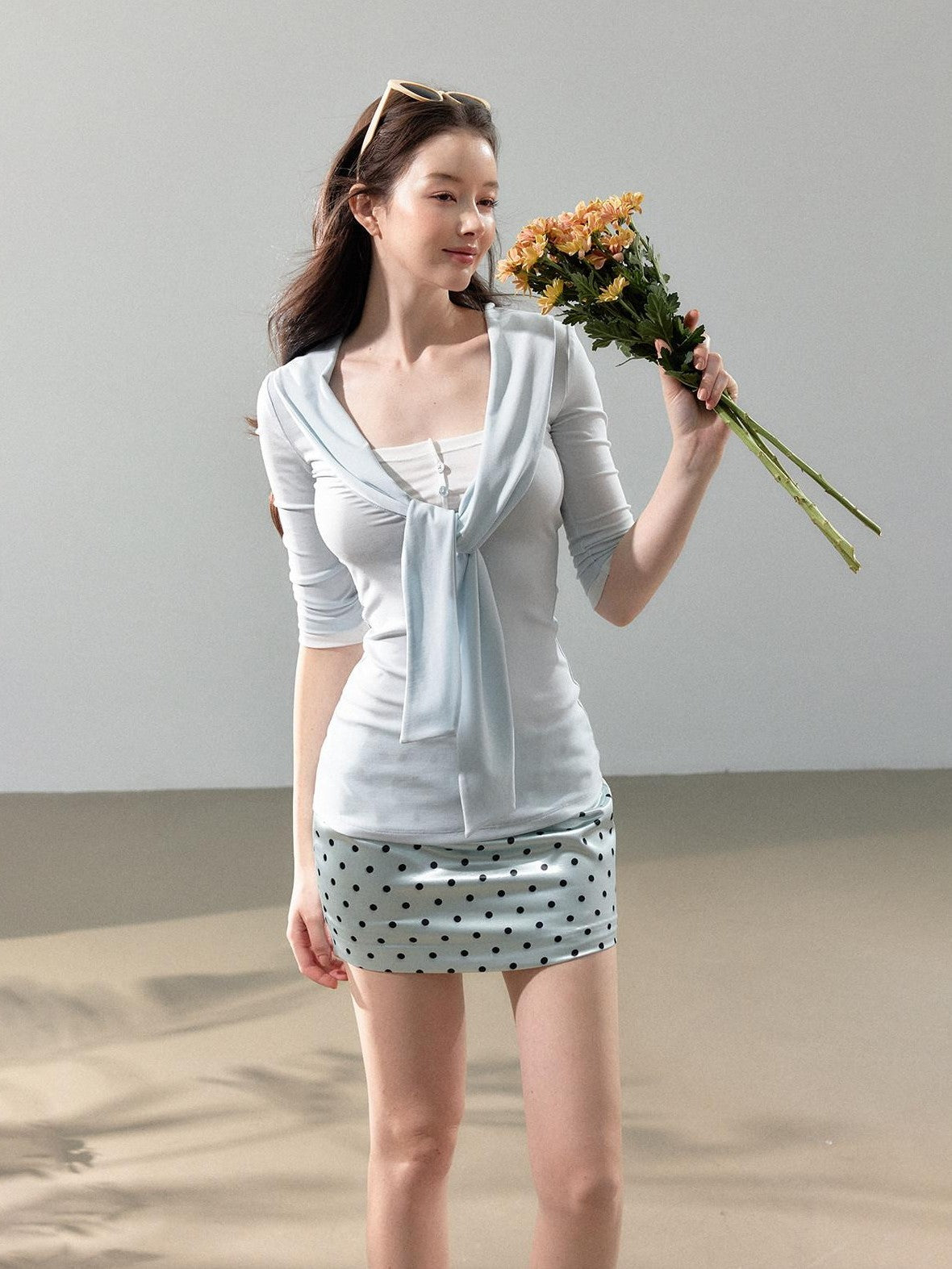 YZZI HE Pink White Blue Polka Dot Satin Women&