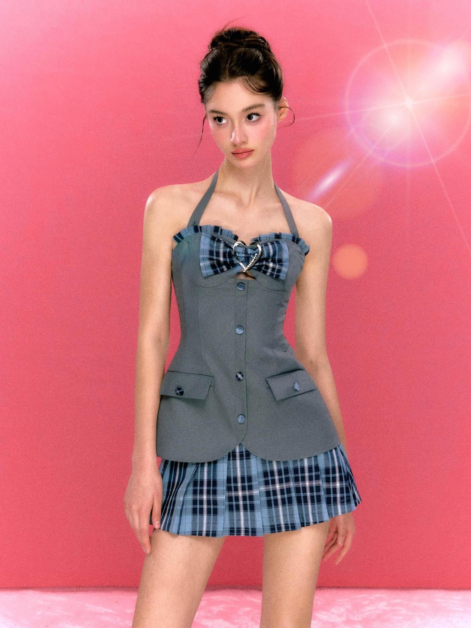 YZZI HE Plaid Pleated High Waist Buttoned Women&