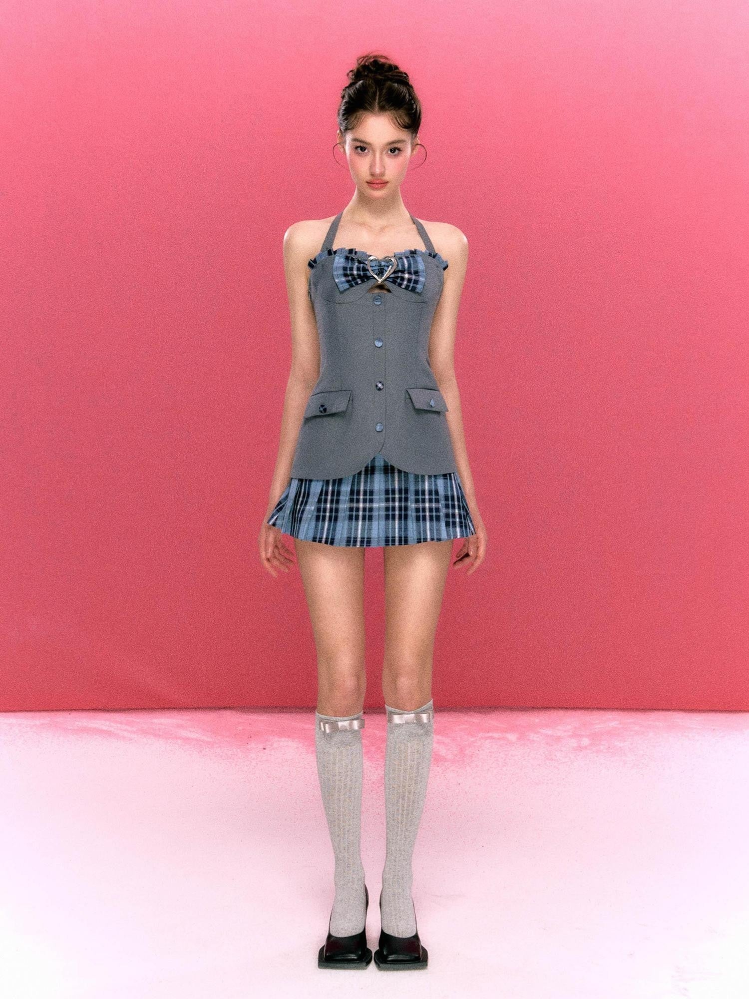 YZZI HE Plaid Pleated High Waist Buttoned Women&