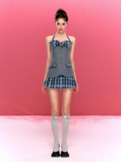 YZZI HE Plaid Pleated High Waist Buttoned Women&