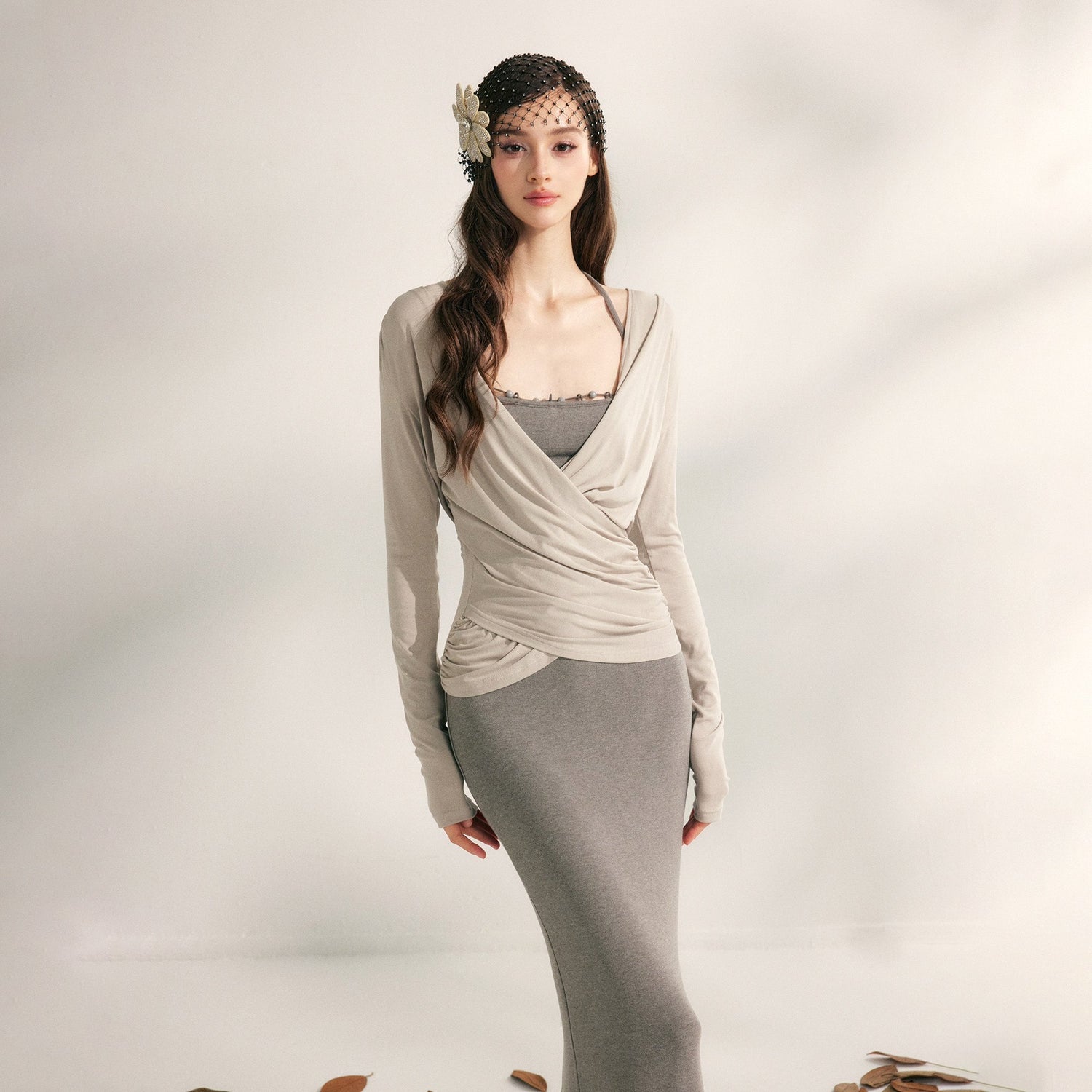 YZZI_HE_Pleated_Crossover_V-neck_Cinched_Waist_Women&