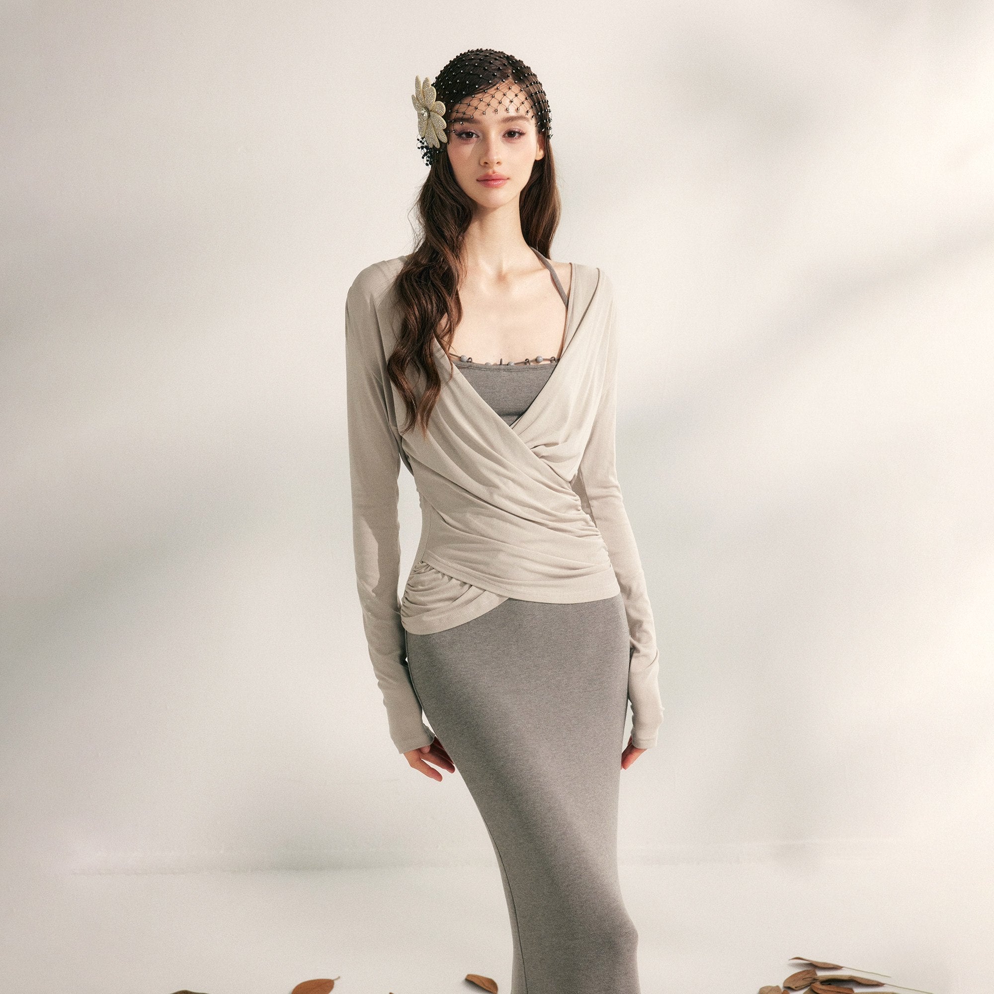 YZZI_HE_Pleated_Crossover_V-neck_Cinched_Waist_Women&