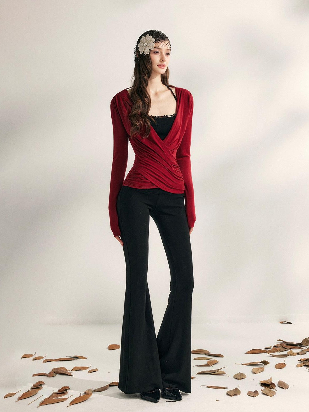 YZZI HE Pleated Crossover V-neck Cinched Waist Women&