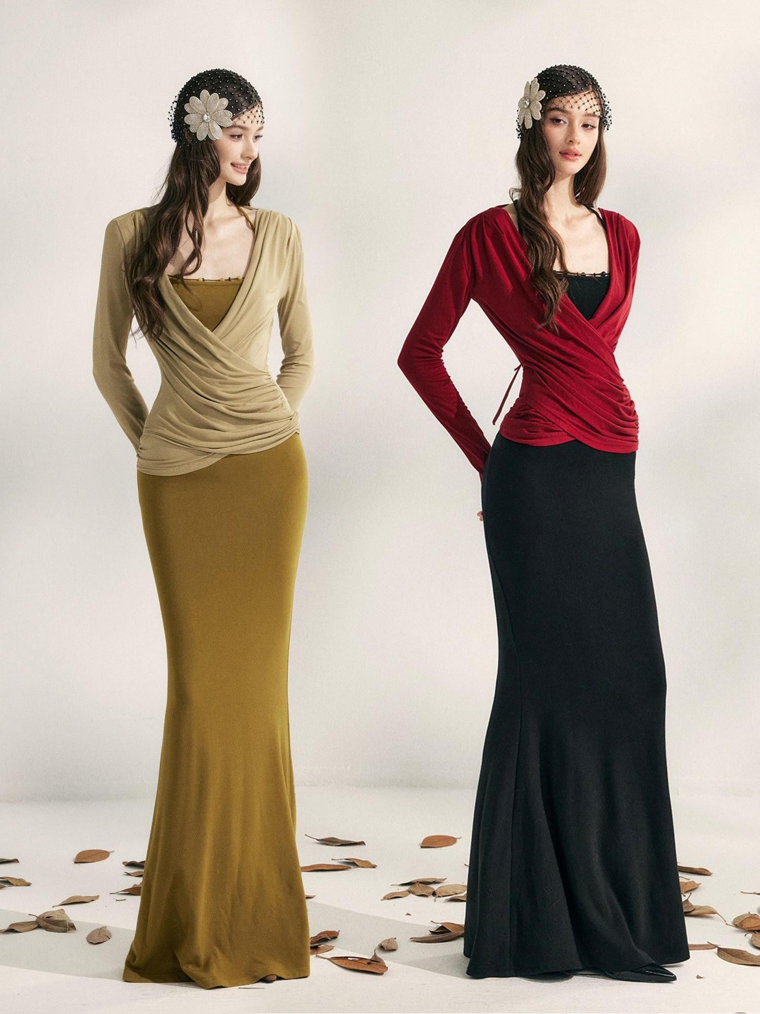 YZZI HE Pleated Crossover V-neck Cinched Waist Women&