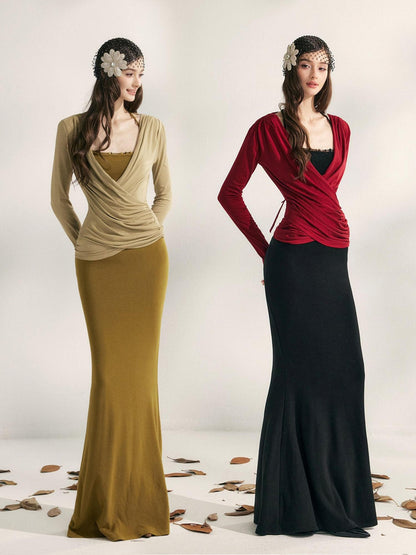 YZZI HE Pleated Crossover V-neck Cinched Waist Women&