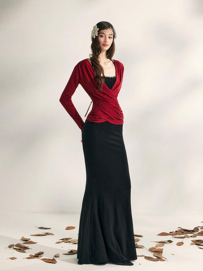 YZZI HE Pleated Crossover V-neck Cinched Waist Women&