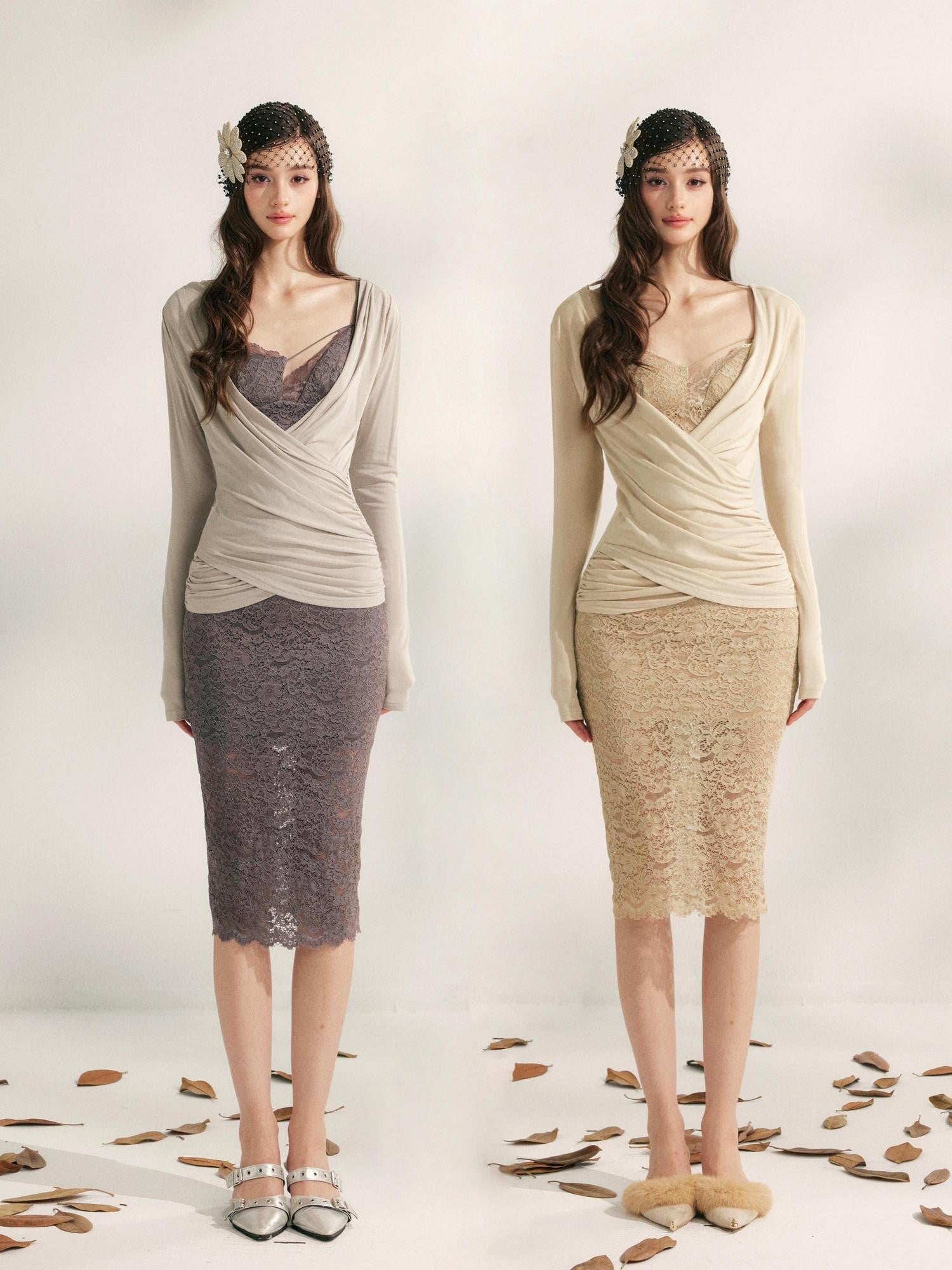 YZZI HE Pleated Crossover V-neck Cinched Waist Women&