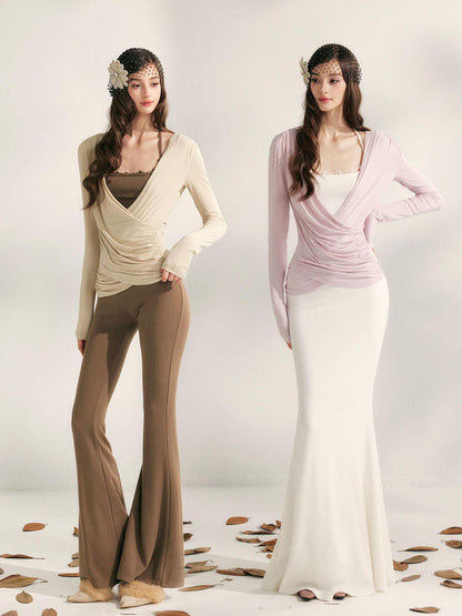 YZZI HE Pleated Crossover V-neck Cinched Waist Women&