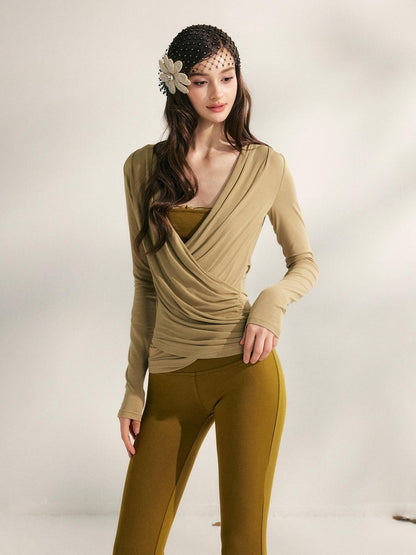 YZZI HE Pleated Crossover V-neck Cinched Waist Women&