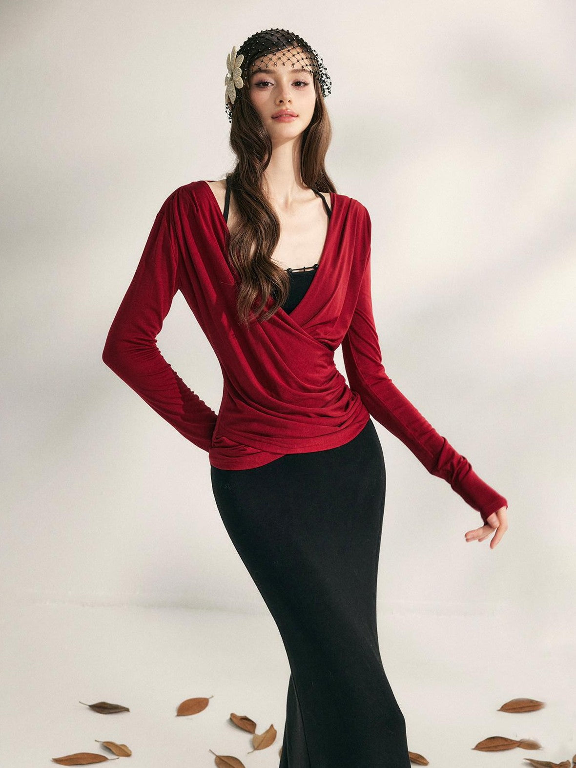 YZZI HE Pleated Crossover V-neck Cinched Waist Women&