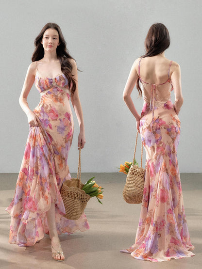 YZZI HE Printed Paneled V-neck Mermaid Strappy Women&