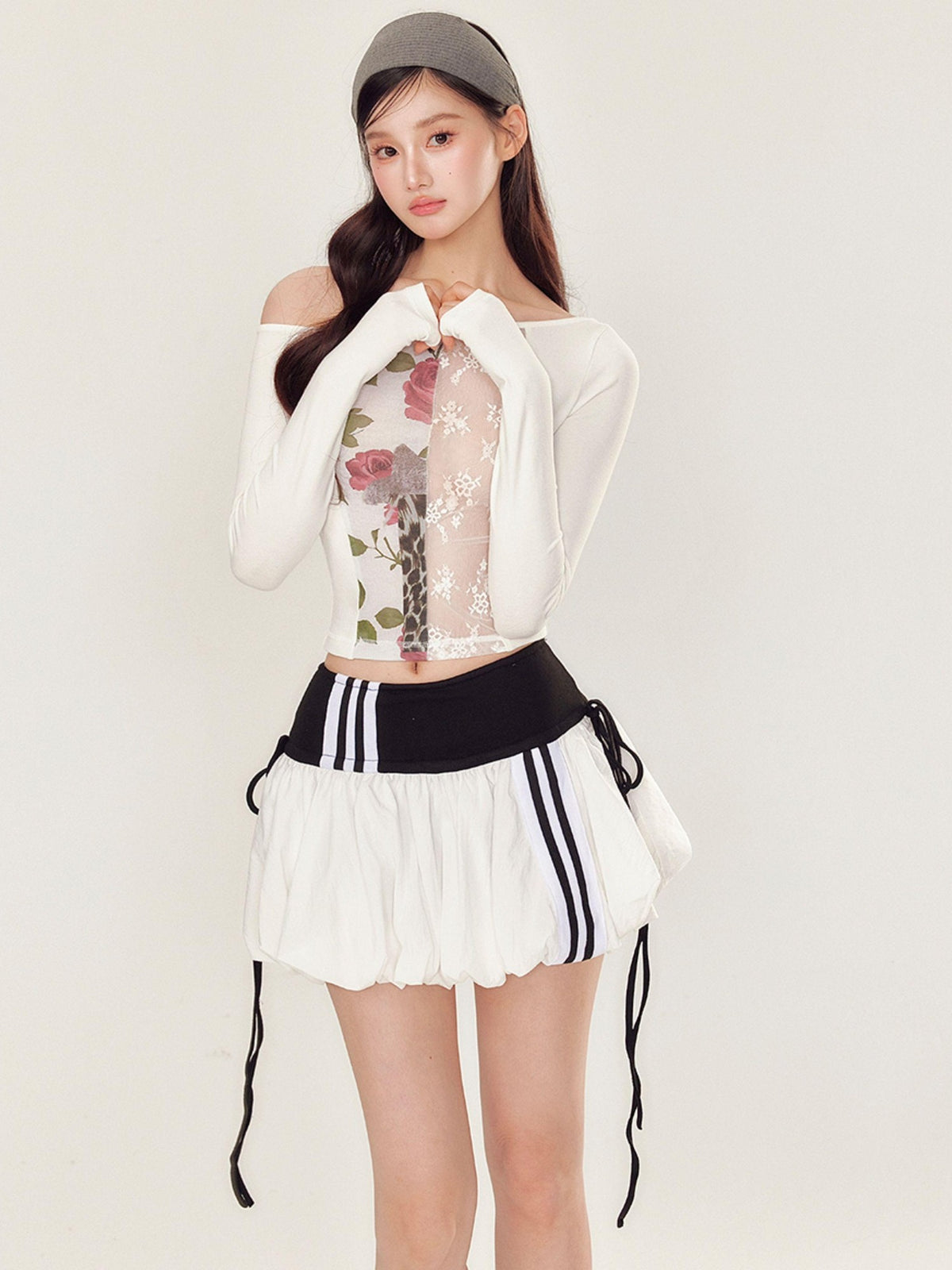 YZZI HE Puff Sporty Lace Print One Shoulder T Shirt Women&