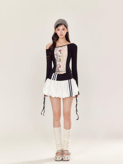 YZZI HE Puff Sporty Lace Print One Shoulder T Shirt Women&