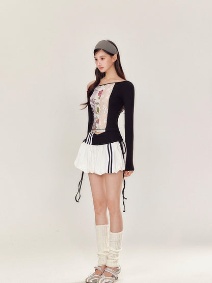 YZZI HE Puff Sporty Lace Print One Shoulder T Shirt Women&