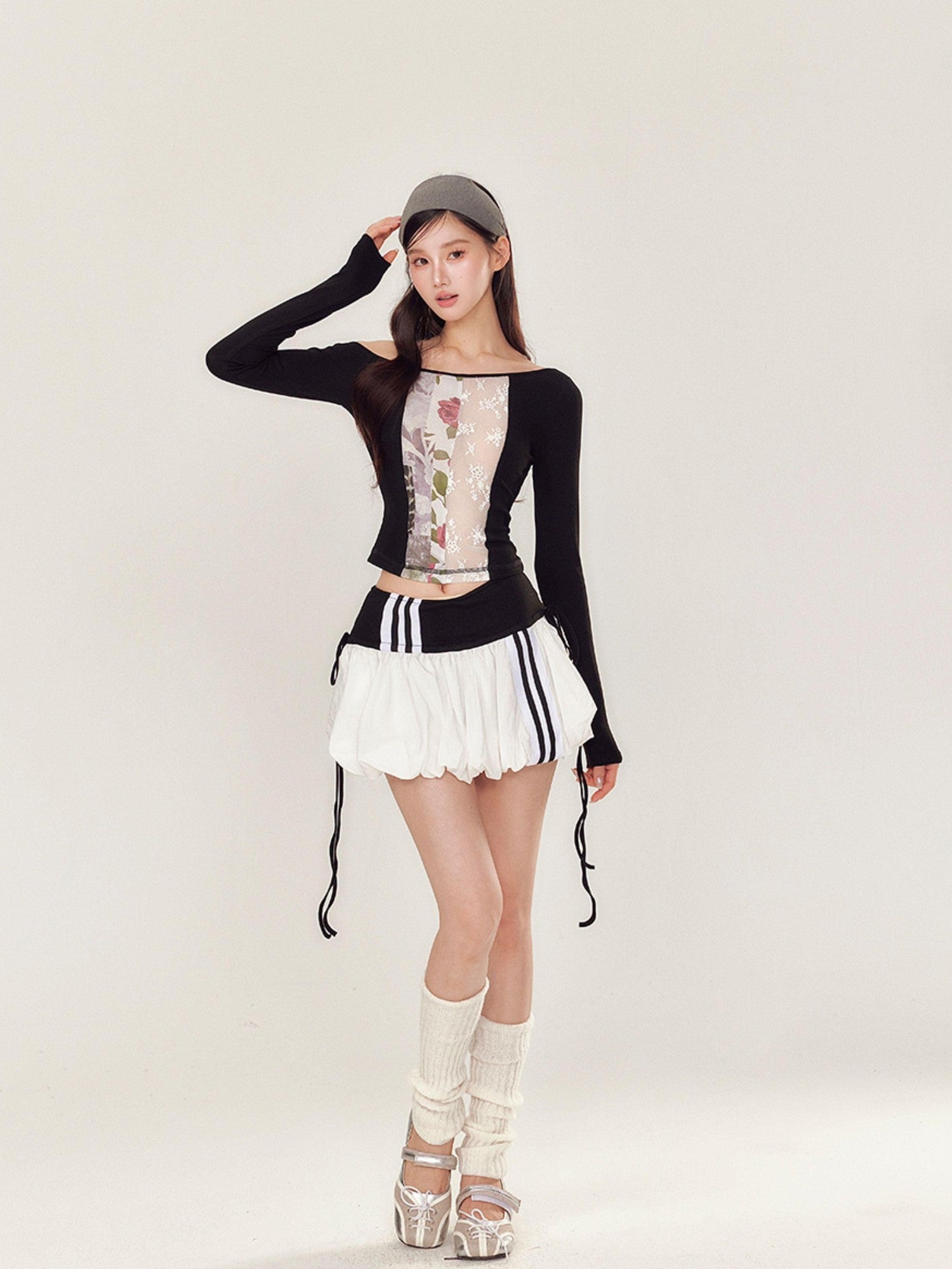 YZZI HE Puff Sporty Lace Print One Shoulder T Shirt Women&