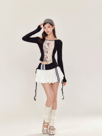 YZZI HE Puff Sporty Lace Print One Shoulder T Shirt Women&