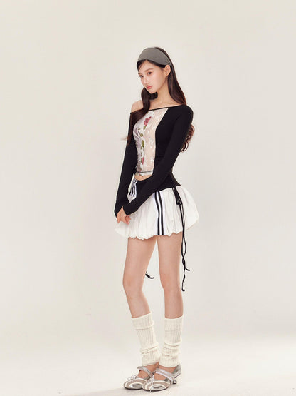 YZZI HE Puff Sporty Lace Print One Shoulder T Shirt Women&