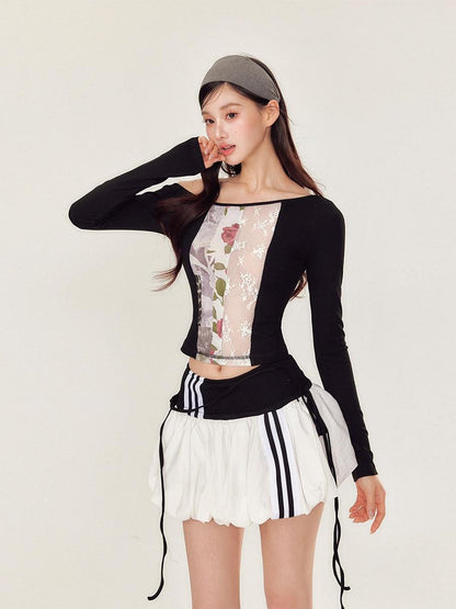 YZZI HE Puff Sporty Lace Print One Shoulder T Shirt Women&