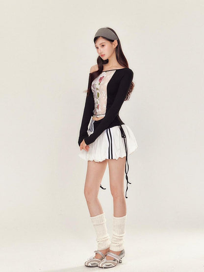 YZZI HE Puff Sporty Lace Print One Shoulder T Shirt Women&