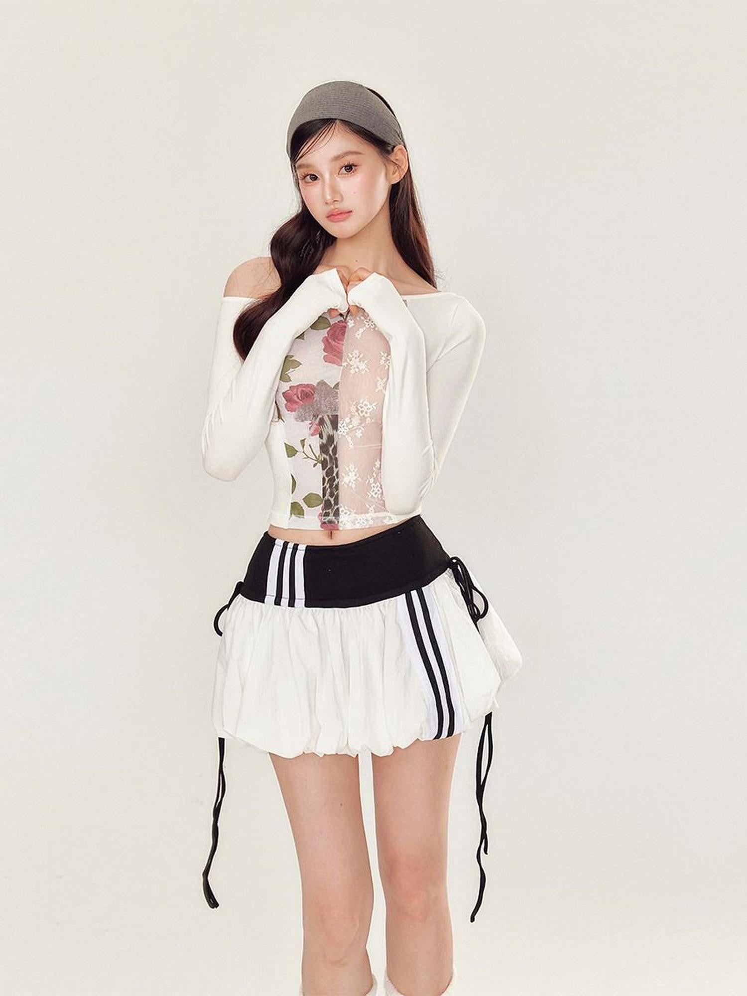 YZZI HE Puff Sporty Lace Print One Shoulder T Shirt Women&