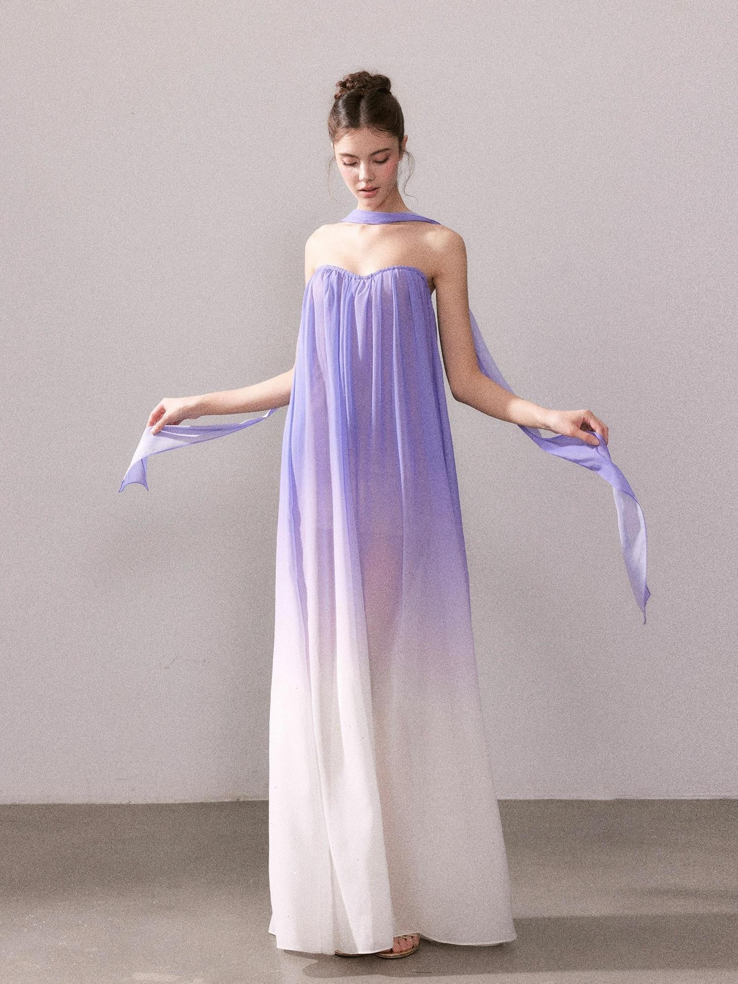 YZZI HE Purple White Ombre Tulle Flared Women&