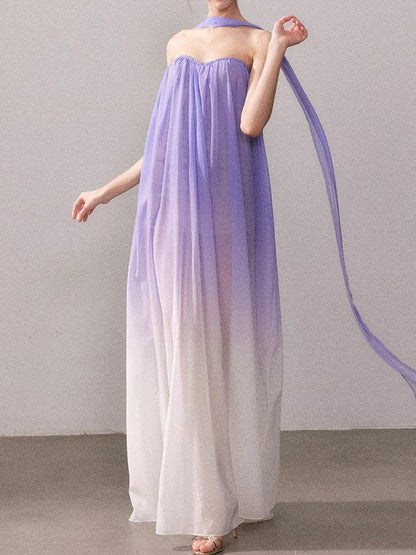 YZZI HE Purple White Ombre Tulle Flared Women&