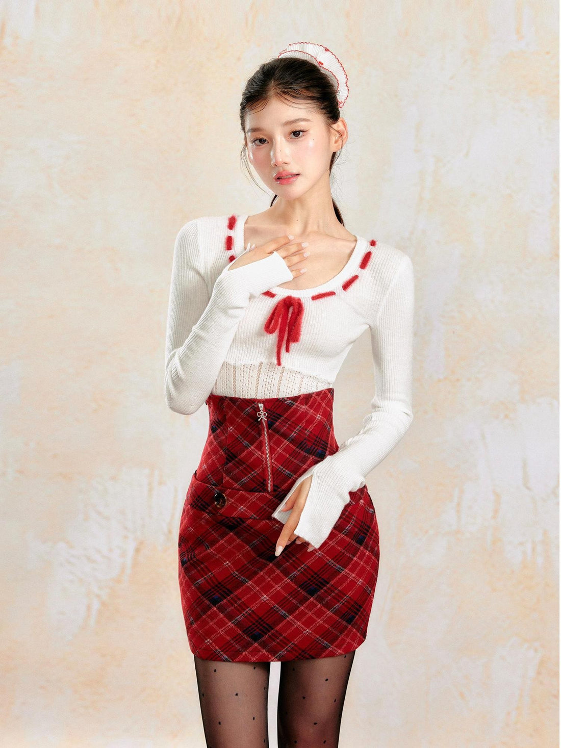 YZZI HE Red Plaid French Vintage High Waist Colorblock Tie Women&