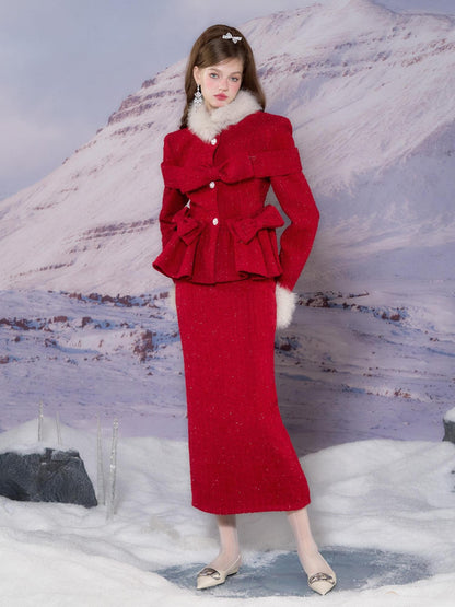 YZZI HE Red Tailored Coat And Skirt Women&