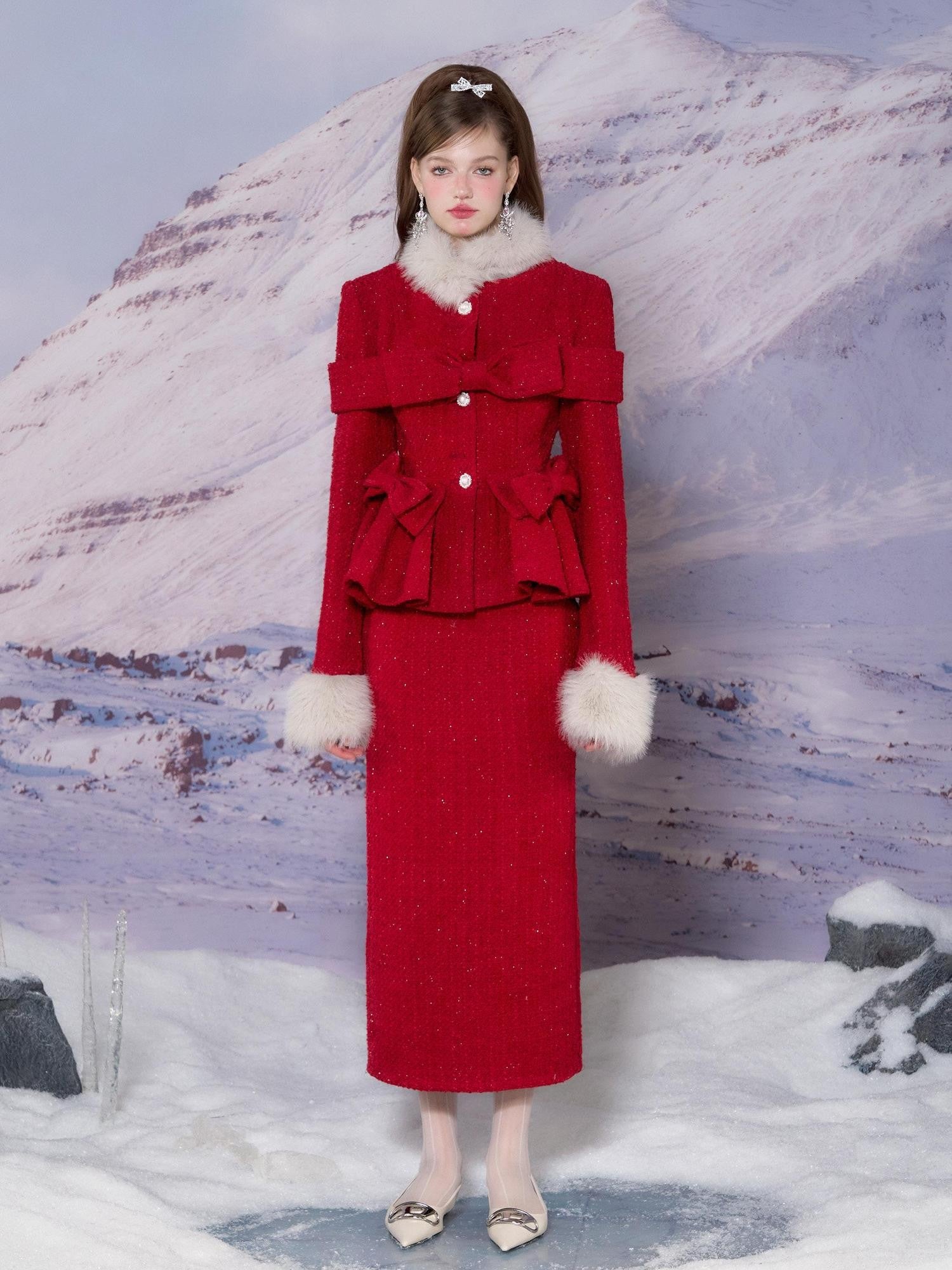 YZZI HE Red Tailored Coat And Skirt Women&
