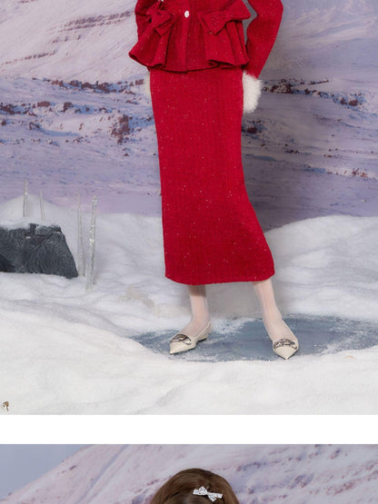 YZZI HE Red Tailored Coat And Skirt Women&