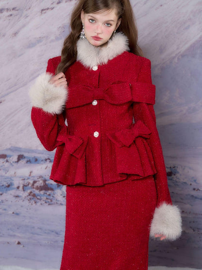 YZZI HE Red Tailored Coat And Skirt Women&