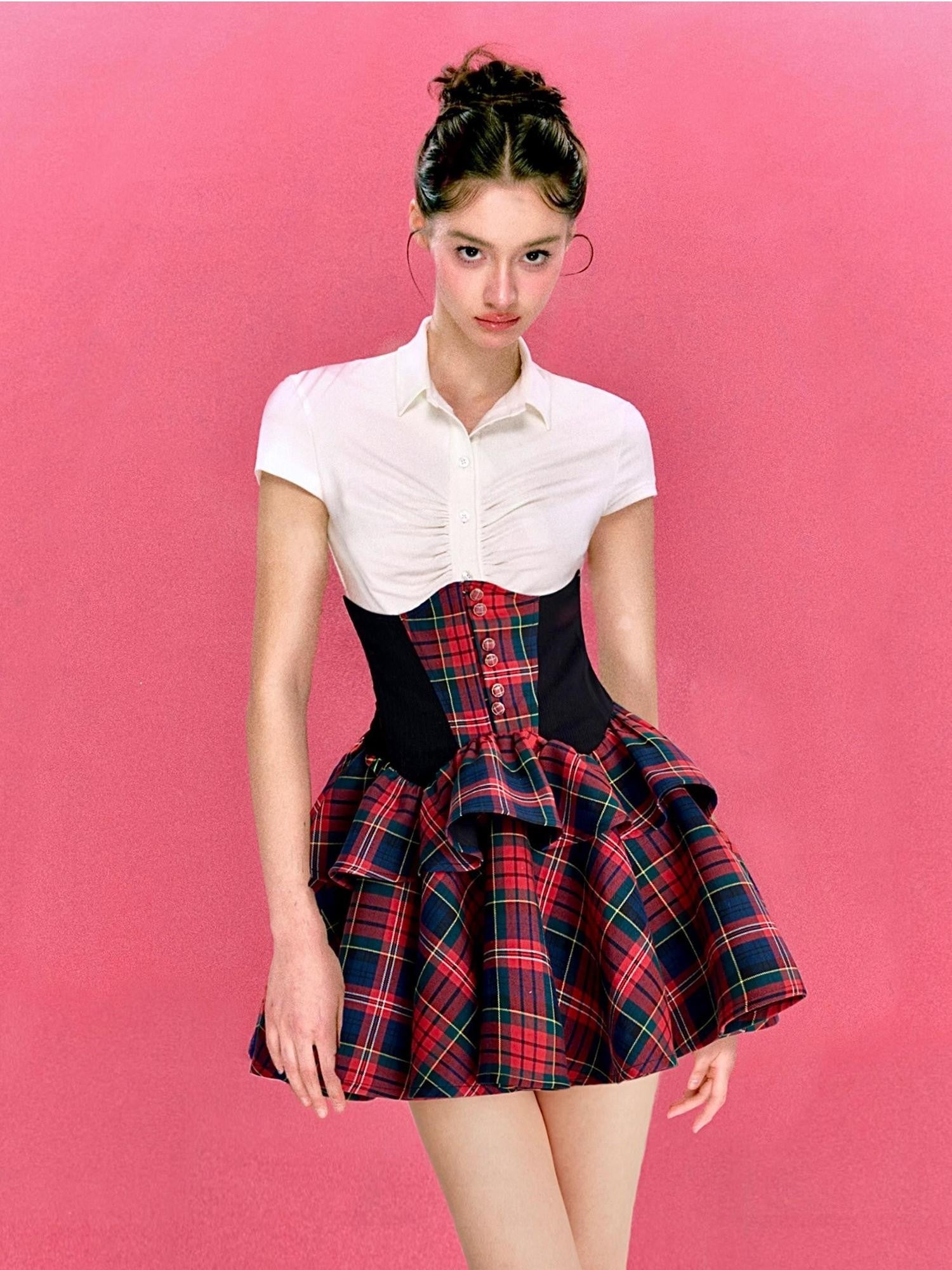 YZZI HE Retro Colorblock Patchwork High Waist Puff Women&