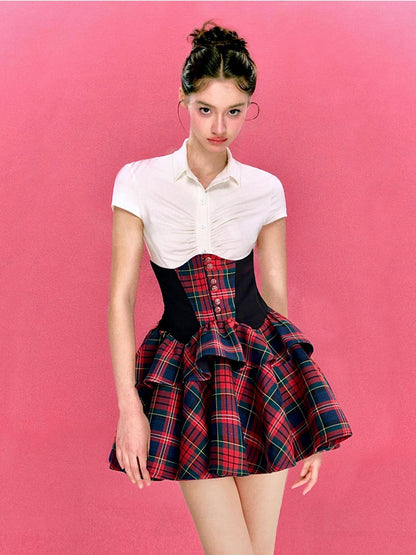 YZZI HE Retro Colorblock Patchwork High Waist Puff Women&