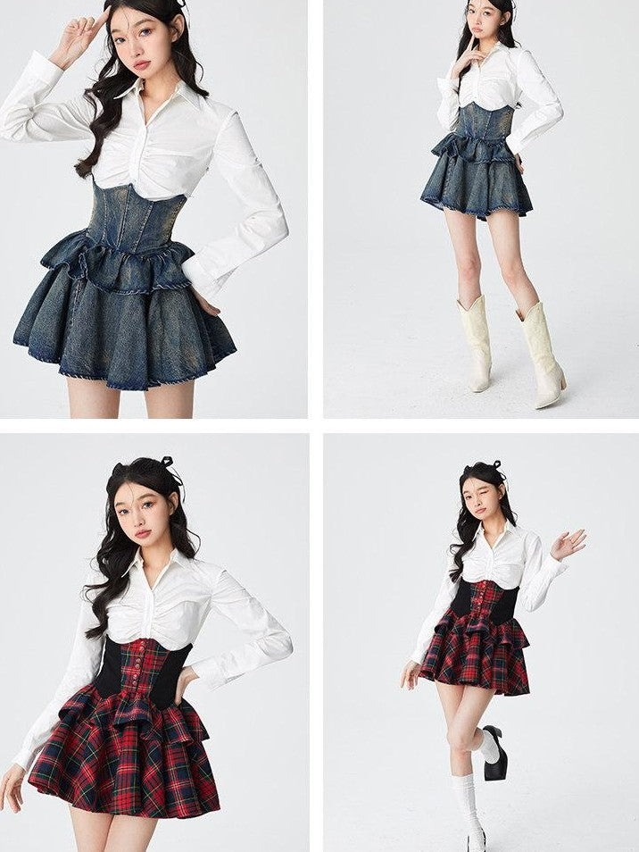 YZZI HE Retro Colorblock Patchwork High Waist Puff Women&