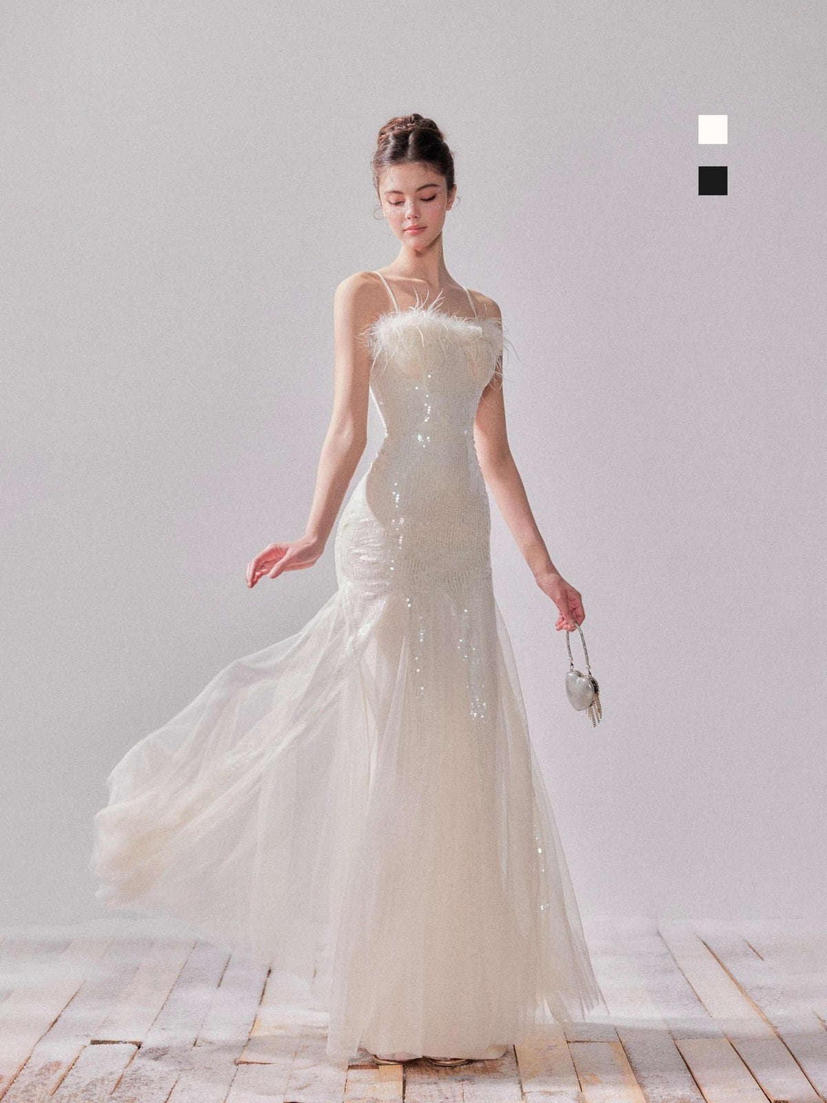 YZZI HE Sequin Mesh Fishtail U Neck Women&