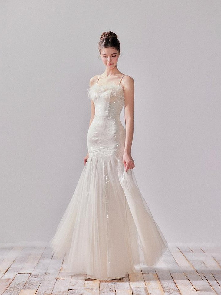 YZZI HE Sequin Mesh Fishtail U Neck Women&